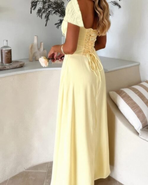 deep square neck drawstring back fit dress