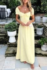 Deep Square Neck Drawstring Back Fit Dress