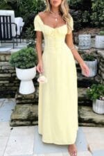 Deep Square Neck Drawstring Back Fit Dress