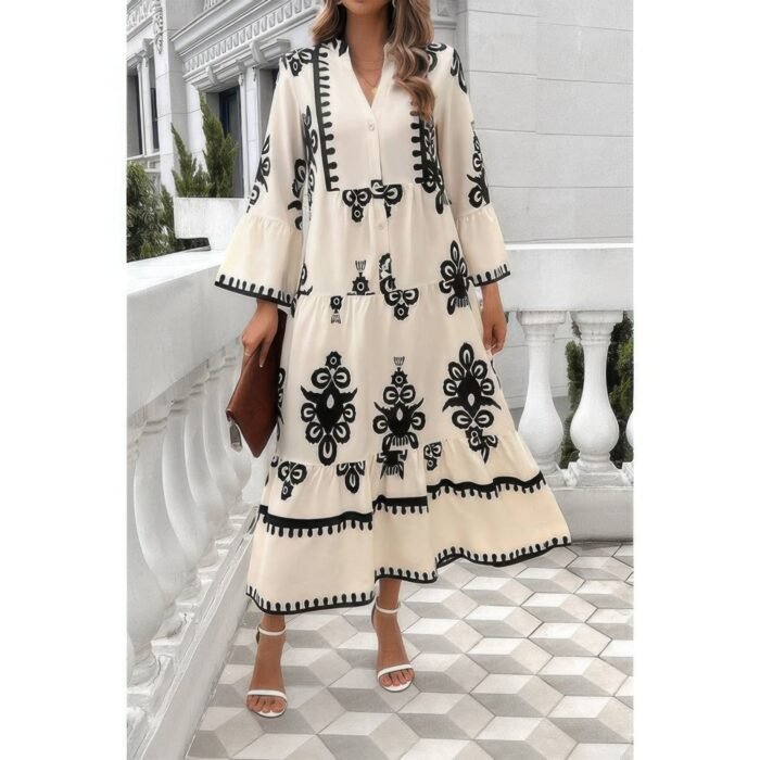 V neck stand collar button floral splicing dress - image 1