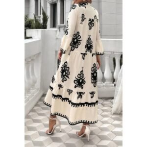 V Neck Stand Collar Button Floral Splicing Dress