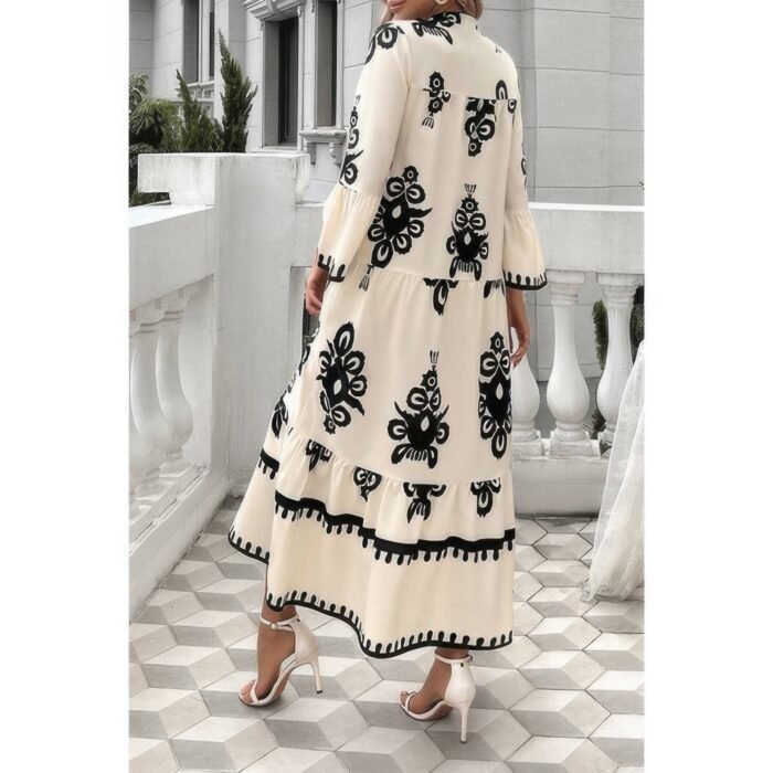 V neck stand collar button floral splicing dress - image 2