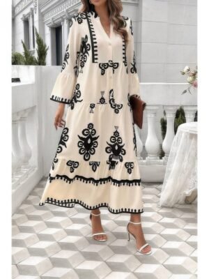 V Neck Stand Collar Button Floral Splicing Dress V Neck Stand Collar Button Floral Splicing Dress