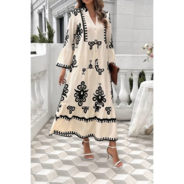 V neck stand collar button floral splicing dress - image 3