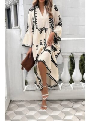 V Neck Stand Collar Button Floral Splicing Dress V Neck Stand Collar Button Floral Splicing Dress