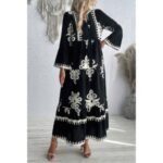 V Neck Stand Collar Button Floral Splicing Dress - Image 5