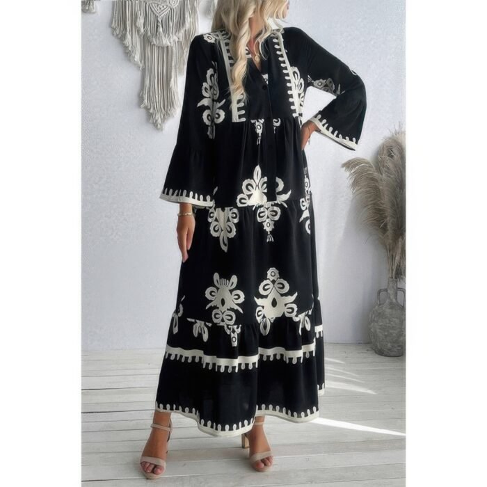 V neck stand collar button floral splicing dress - image 5