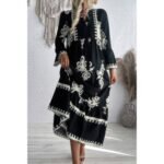 V Neck Stand Collar Button Floral Splicing Dress - Image 7