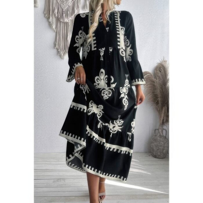 V neck stand collar button floral splicing dress - image 7