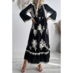 V Neck Stand Collar Button Floral Splicing Dress - Image 8