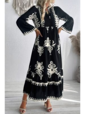 V Neck Stand Collar Button Floral Splicing Dress V Neck Stand Collar Button Floral Splicing Dress