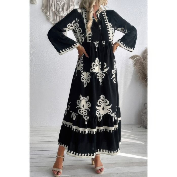 V neck stand collar button floral splicing dress - image 8