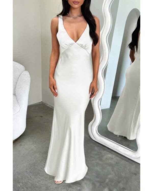 Solid Deep V Neck Low Back High Waist Full Dress