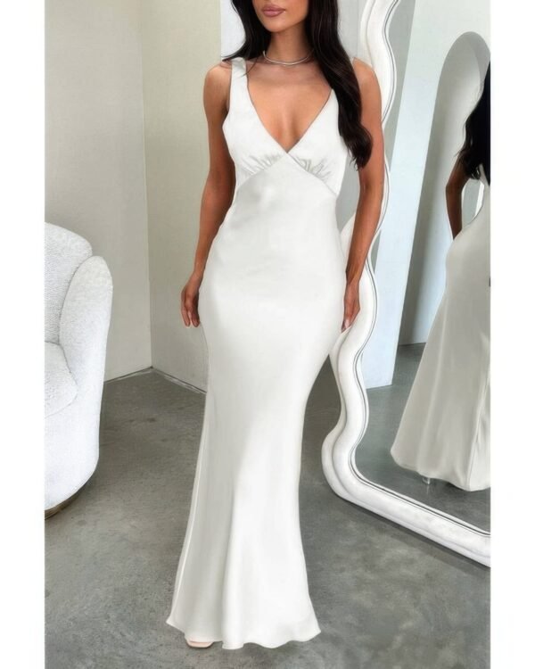 Solid Deep V Neck Low Back High Waist Full Dress