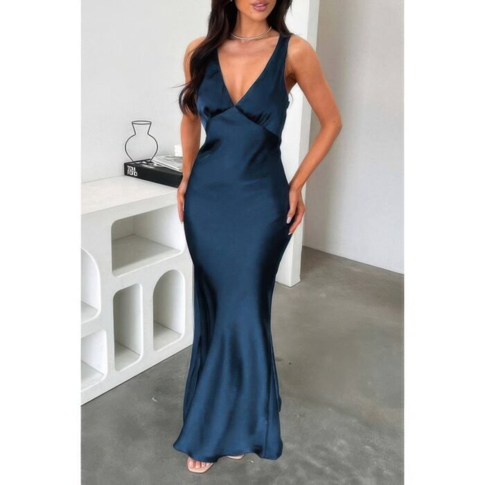 Solid Deep V Neck Low Back High Waist Full Dress - Image 7