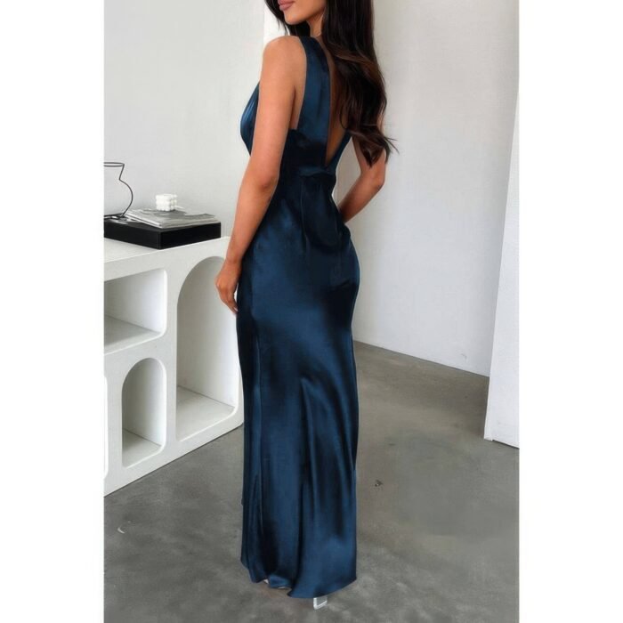 Solid Deep V Neck Low Back High Waist Full Dress - Image 10