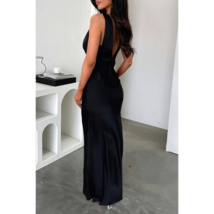 Solid Deep V Neck Low Back High Waist Full Dress - Image 13