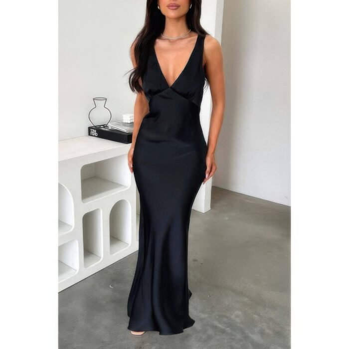Solid Deep V Neck Low Back High Waist Full Dress - Image 14