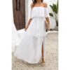 Off Shoulder Solid Tassel Ruffle Trim Split Dress