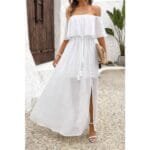 Off Shoulder Solid Tassel Ruffle Trim Split Dress
