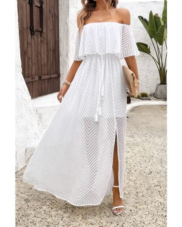 Off Shoulder Solid Tassel Ruffle Trim Split Dress