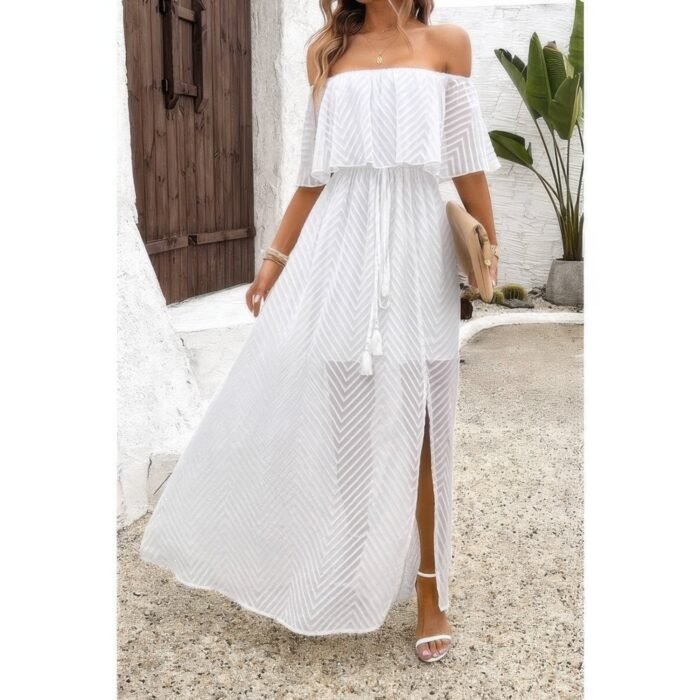 Off Shoulder Solid Tassel Ruffle Trim Split Dress - Image 1