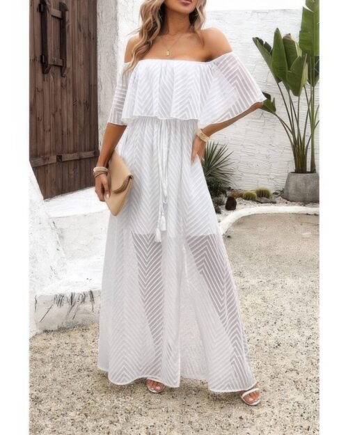 off shoulder solid tassel ruffle trim split dress