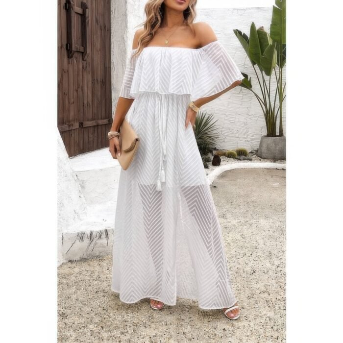 Off Shoulder Solid Tassel Ruffle Trim Split Dress - Image 2