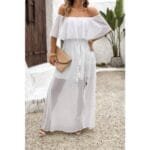 Off Shoulder Solid Tassel Ruffle Trim Split Dress