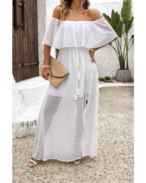 off shoulder solid tassel ruffle trim split dress