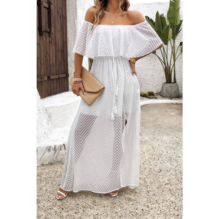 Off Shoulder Solid Tassel Ruffle Trim Split Dress - Image 3