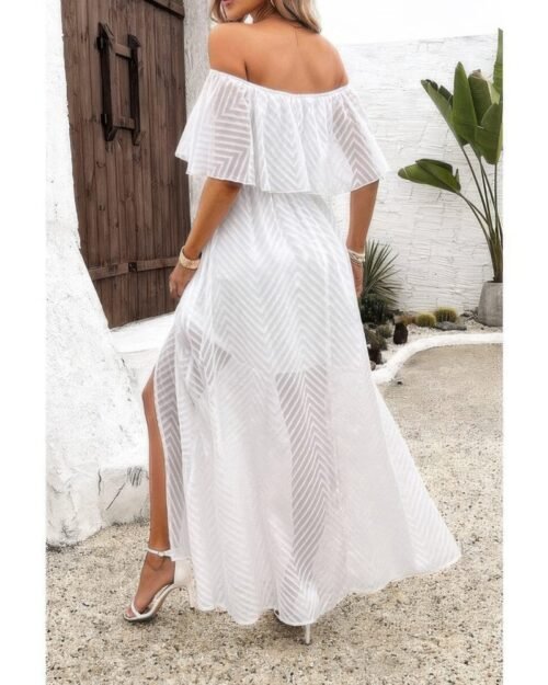 off shoulder solid tassel ruffle trim split dress