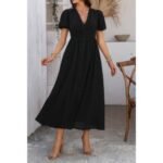 Solid V Neck Puff Sleeves Solid Knot Detail Dress - Image 2