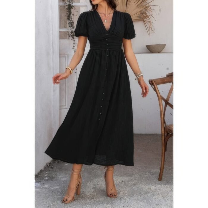 Solid v neck puff sleeves solid knot detail dress - image 2