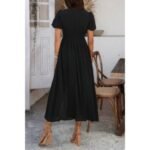 Solid V Neck Puff Sleeves Solid Knot Detail Dress - Image 3