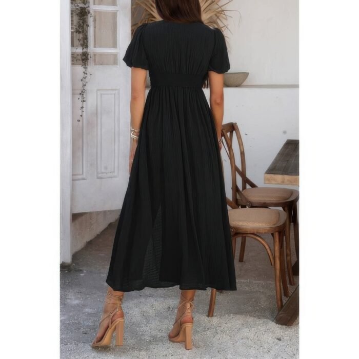 Solid v neck puff sleeves solid knot detail dress - image 3