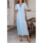Solid V Neck Puff Sleeves Solid Knot Detail Dress - Image 4