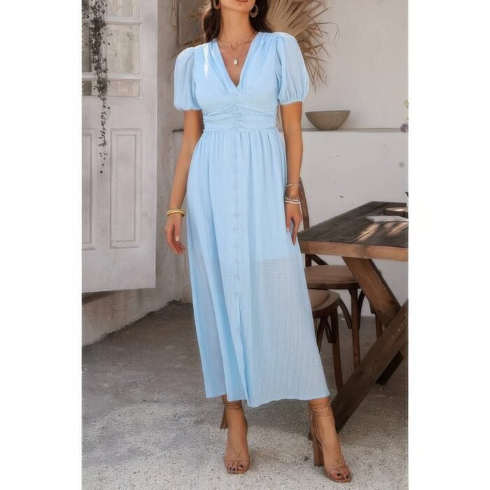 Solid v neck puff sleeves solid knot detail dress - image 4