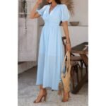 Solid V Neck Puff Sleeves Solid Knot Detail Dress - Image 5