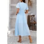Solid V Neck Puff Sleeves Solid Knot Detail Dress - Image 6