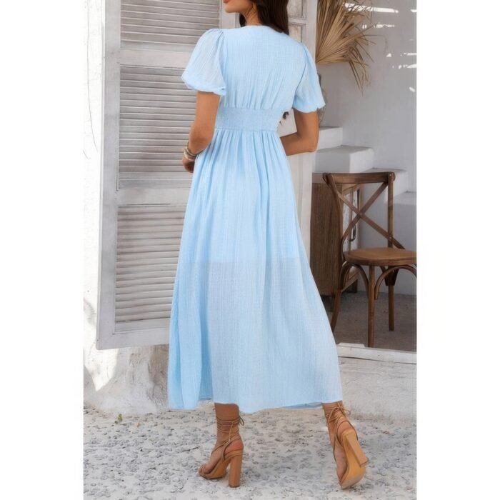 Solid v neck puff sleeves solid knot detail dress - image 6