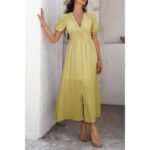 Solid V Neck Puff Sleeves Solid Knot Detail Dress - Image 7