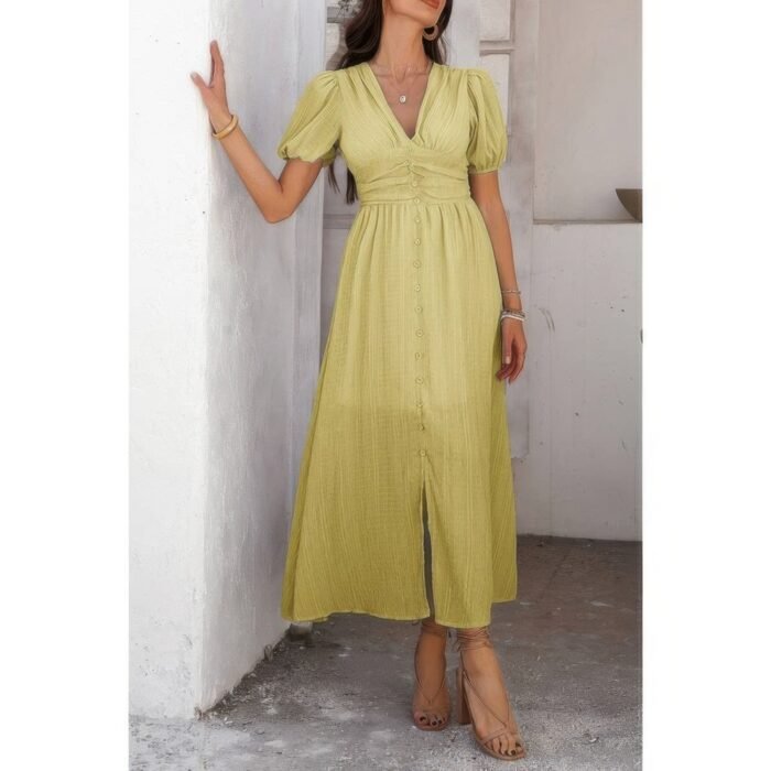 Solid v neck puff sleeves solid knot detail dress - image 7