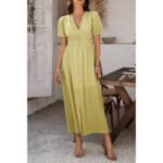 Solid V Neck Puff Sleeves Solid Knot Detail Dress - Image 8