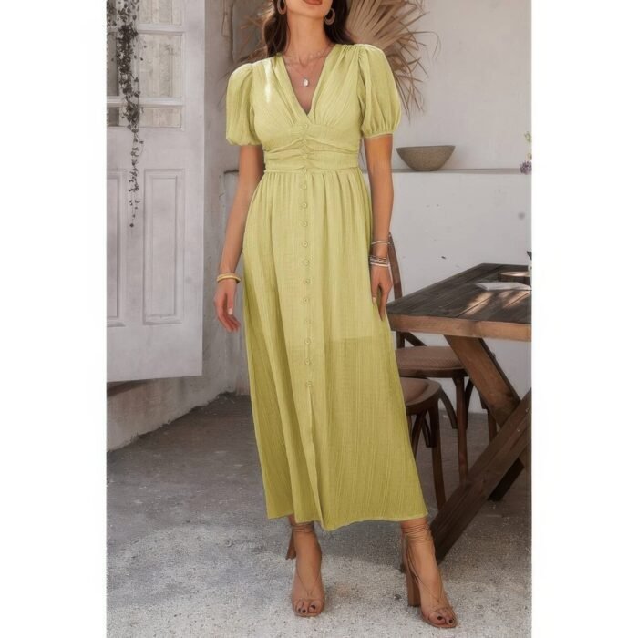Solid v neck puff sleeves solid knot detail dress - image 8