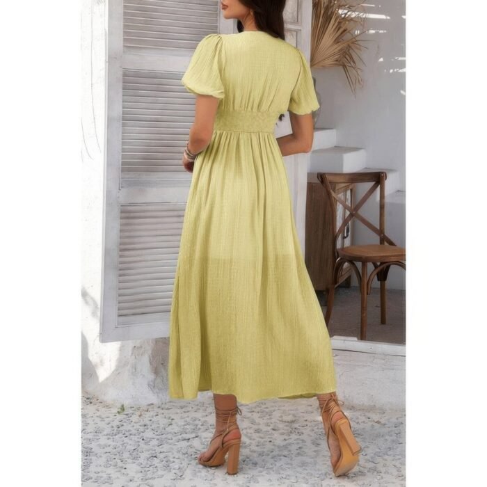 Solid v neck puff sleeves solid knot detail dress - image 9