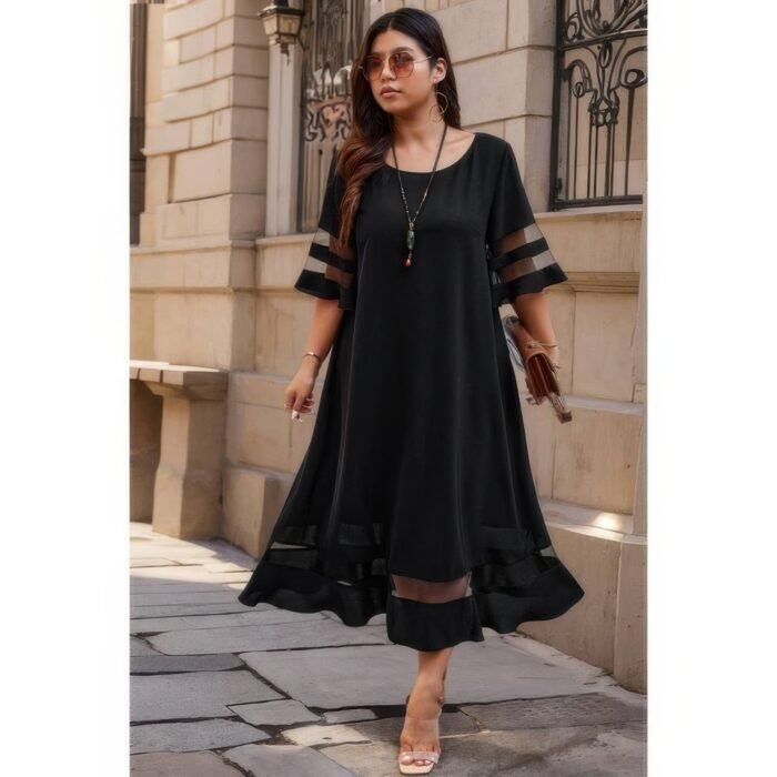 Plus size mesh splicing round neck long dress - image 3