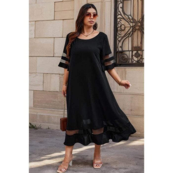 Plus size mesh splicing round neck long dress - image 4