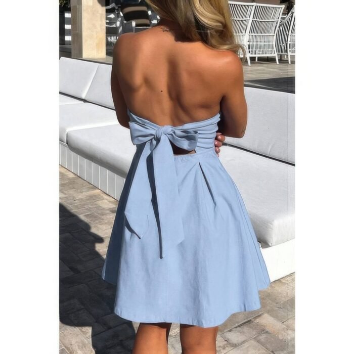 Off Shoulder Open Back Knot Pleated Mini Dress - Image 8