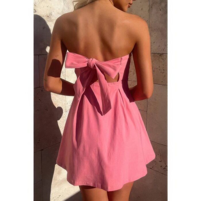Off Shoulder Open Back Knot Pleated Mini Dress - Image 11